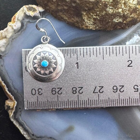 Native American Sterling Silver Turquoise Dot Stamped Concho Dangle Earrings - Picture 9 of 10